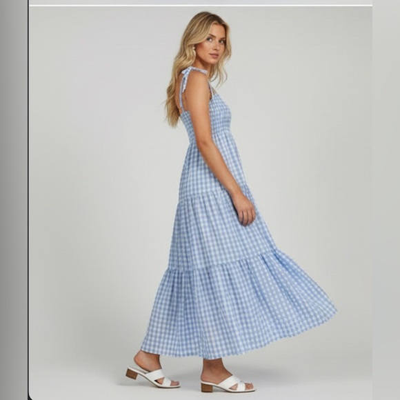 Gingham Shirred Cami Dress Blue - Picture 3 of 8